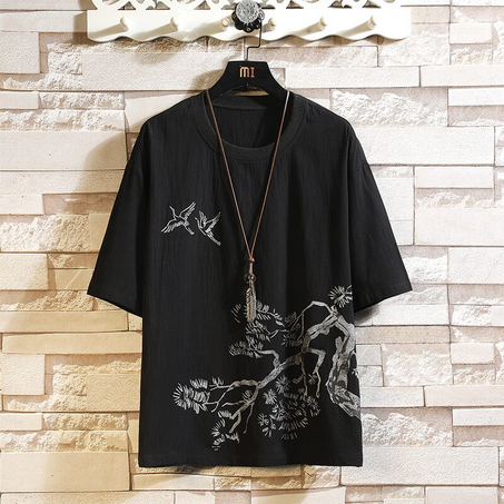 Men's short sleeve round neck t-shirt, linen summer clothing, white and black, oversized 4XL and 5XL, Chinese fashion, 2021