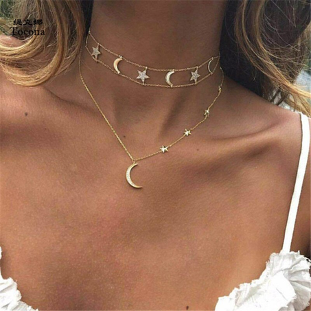 Tocona - Women's Bohemian Moon and Star Pendant Necklace, Gold Alloy Multilayer Chain, Women's Jewelry, 5604