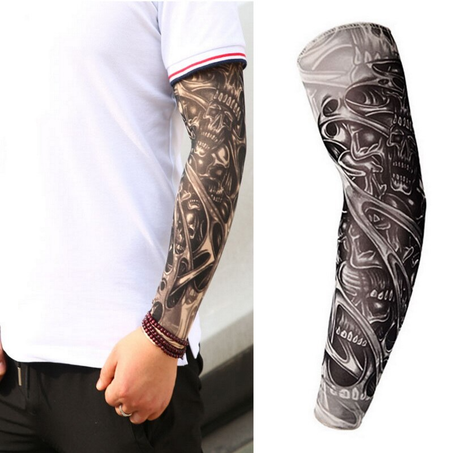 Temporary Tattoo Sleeves, Full Sleeve Tattoo Without Long Slip On Arm, Mens Elastic Nylon Glove Tattoo Sleeve Kit, Black Skull Design