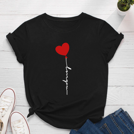 Women's short-sleeved round-neck t-shirt, loose, fashionable, with heart and printed balloon