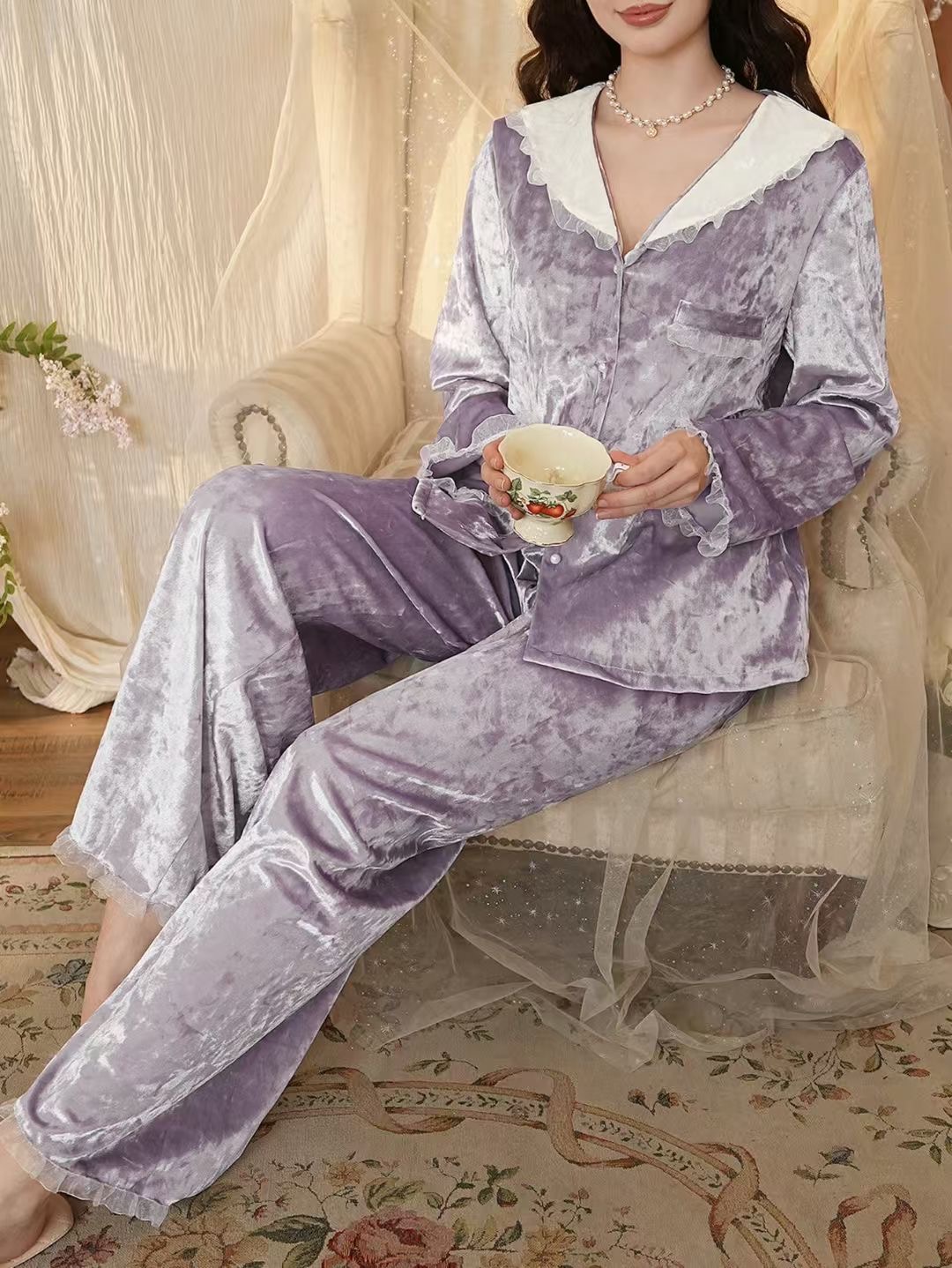 طقم بيجامة نسائية من قطعتين: قميص بأزرار + سروال مستقيم