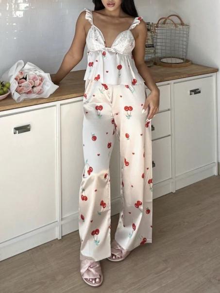 طقم بيجاما ستان ناعم برسومات الكرز