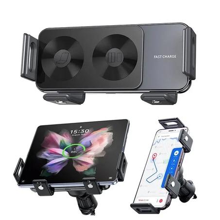 حامل هاتف للسيارة مع شاحن لاسلكي بشاشة مزدوجة قابلة للدوران