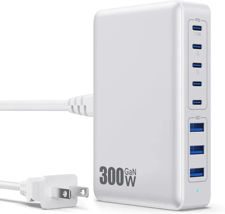 Cargador USB C de 300 W, bloque de cargador USB C de 8 puertos GaN IV, estación de carga rápida, PD de 100 W, adaptador de carga de pared compatible con MacBook/Air, DELL, Steam Desk, iPhone 