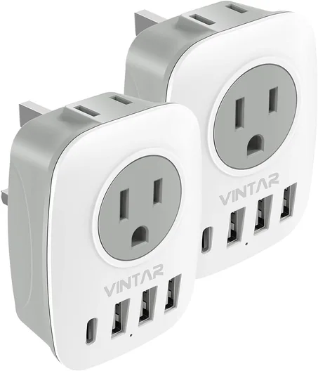 Adaptador de enchufe de viaje de Estados Unidos a Reino Unido Irlanda, paquete de 2, adaptador de enchufe VINTAR tipo G con 2 tomacorrientes, 4 puertos USB (1 USB-C),