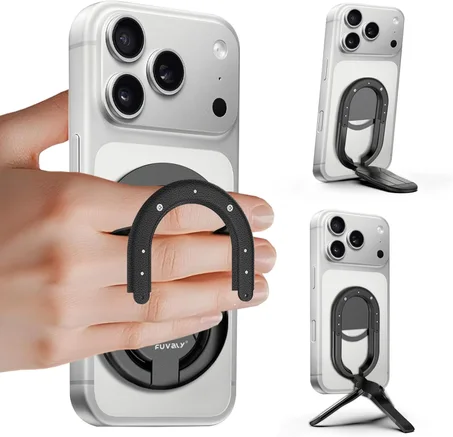 Agarre magnético para teléfono para trípodes de teléfono MagSafe, soporte de escritorio 4 en 1, soporte de anillo de teléfono para iPhone 17/16/15/14 Pro y Android (negro)