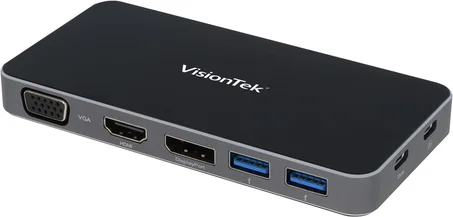 VisionTek VT200 Hub portátil USB-C para monitor doble, 1 DP, 1 HDMI, 1 VGA, 2 puertos USB-A, 1 USB-C para Windows/MacOS/ChromeOS/iOS