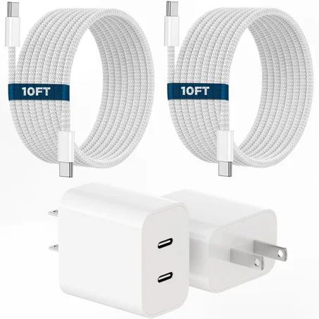 Cargador para iPhone 16 y 15, paquete de 2 unidades PD Dual USB C, cargador de pared de carga rápida con cable de carga USB C a C de 10 pies de largo, cable tejido para Apple iPhone 16/16 Plu