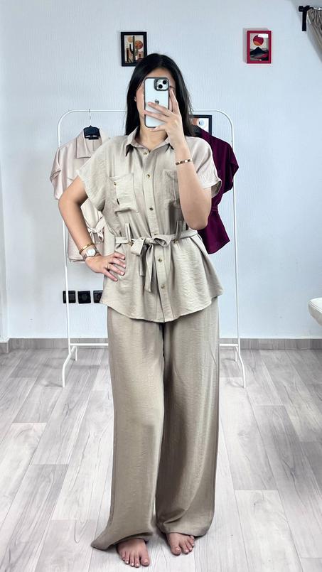Ensemble d'Été Chic en Tissu Lolan – Haut Ceinturé & Pantalon Large