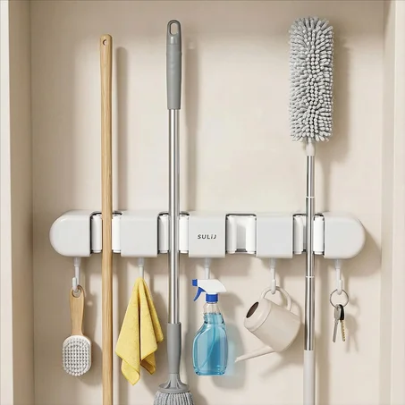Support mural pour balai avec Crochets pour serpillière - حامل مكنسات التنظيف