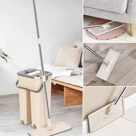 Balai-serpillère plat avec seau à deux compartiments et lingettes en microfibre - ممسحة مايكروفيبر مع دلو بغرفتين للفصل بين الماء النظيف