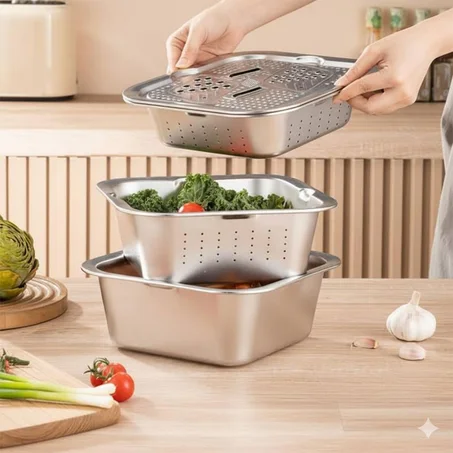 Râpe multifonctionnelle Delaval en acier inoxydable avec panier d’égouttage 3EN1 – مفرمة وقطاعة خضر متعددة الإستعمالات