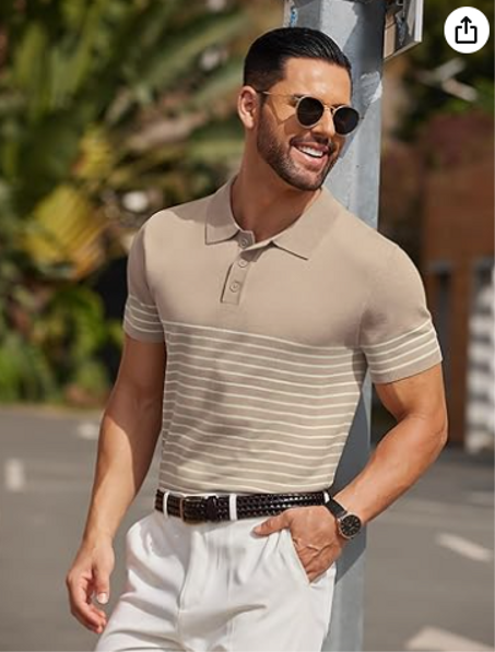 قمصان بولو محبوكة للرجال باكمام قصيرة مخططة