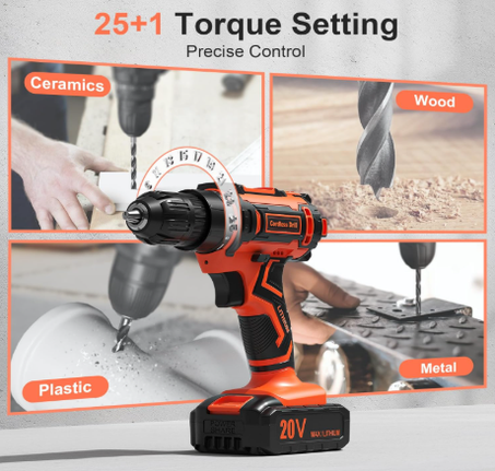 مجموعة مثقاب كهربائي لاسلكي 20 فولت مع حزمة طاقة 2.0Ah وشاحن