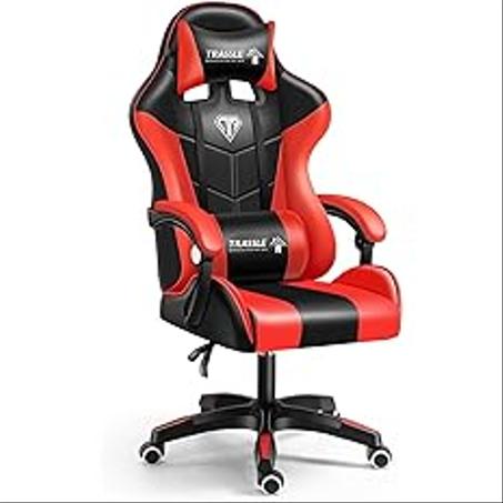 كرسي ألعاب بظهر مرتفع قابل للتعديل مصنوع من جلد البولي يوريثين مزود بعجلات بتصميم مريح مع دعم للرقبة وأسفل الظهر لمكتب الكمبيوتر من تراسل،