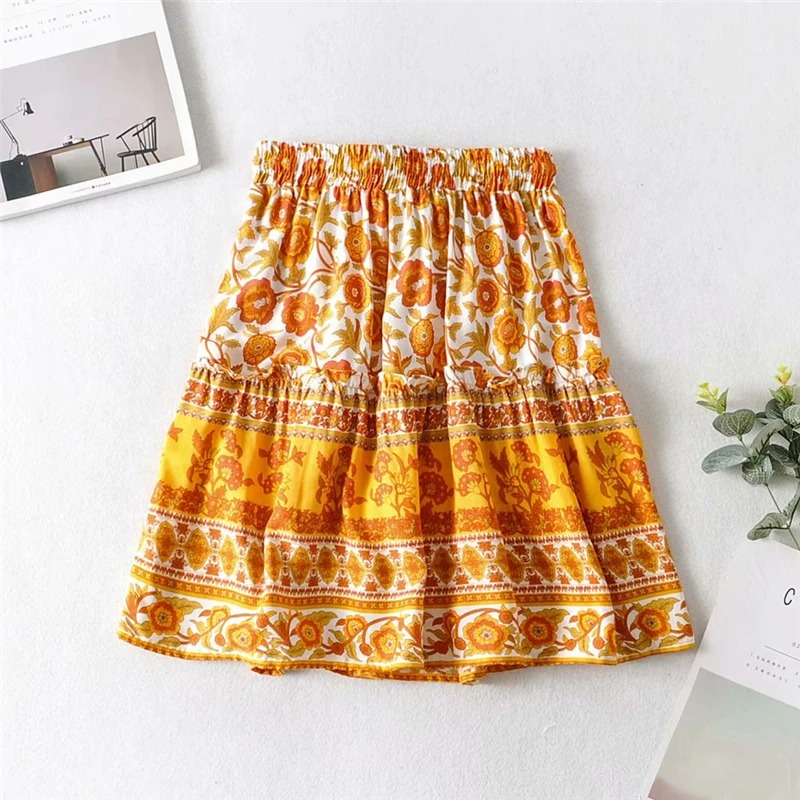 Madozo Women’s Boho Floral Mini Skirt – Orange Tassel Print High Waist Rayon Cotton Skirt