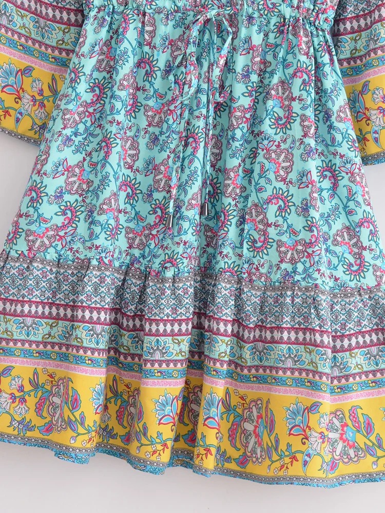 Blue Boho Floral Mini Dress – V-Neck Flare Sleeve Summer Dress for Women