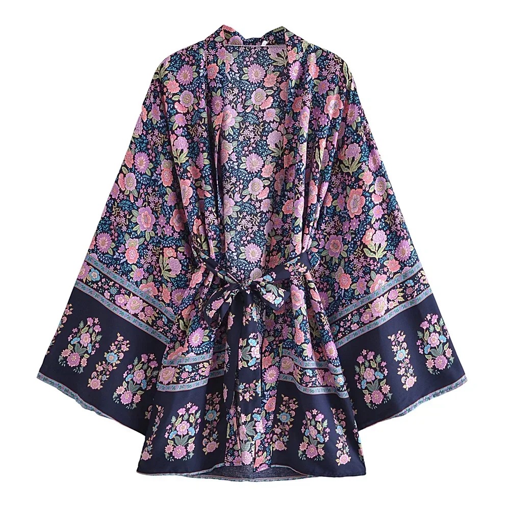 Boho Floral Kimono Cover-Up Dress – V-Neck Bat Sleeve Beach Robe