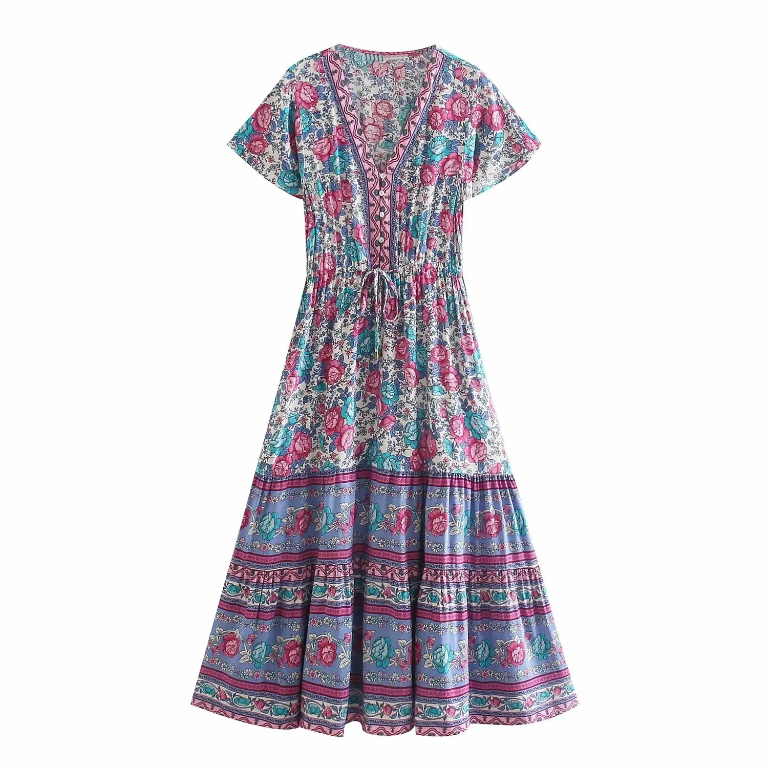 Floral Boho Maxi Dress – Vacation & Beach Summer Dress with Button Front | Madozo