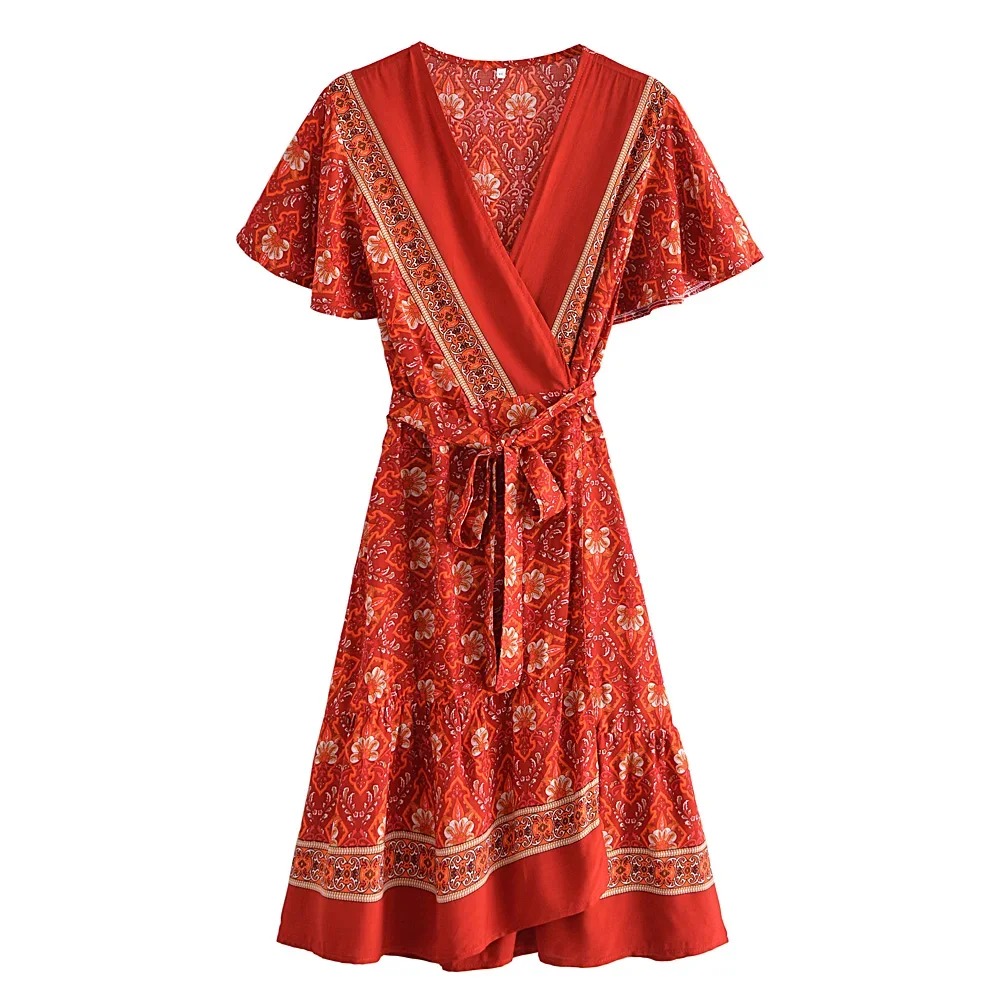 Boho Hippie Floral Wrap Mini Dress – V-Neck Sashes Summer Short Sleeve Dress