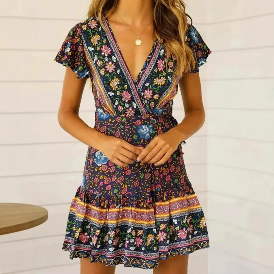 Green Wild Floral Boho Wrap Mini Dress – Deep V-Neck Short Sleeve Rayon Sundress