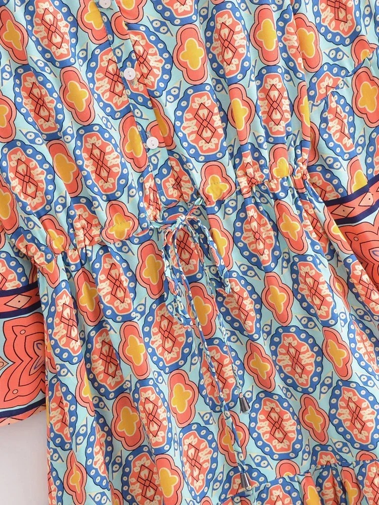 Bohemian Geometry Print Mini Dress – Flare Sleeve Summer Beach Boho Dress for Women