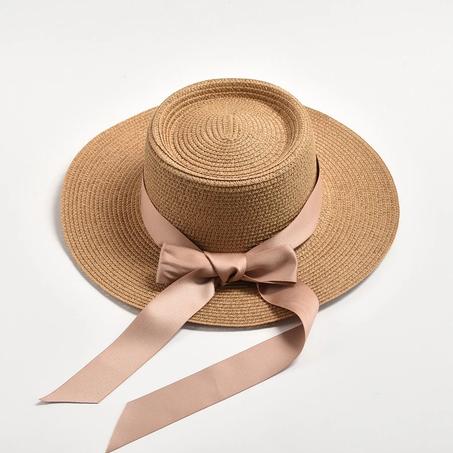 Elegant Straw Sun Hat for Women – Flat Top Design with Bow | Summer Travel Beach Hat – Madozo