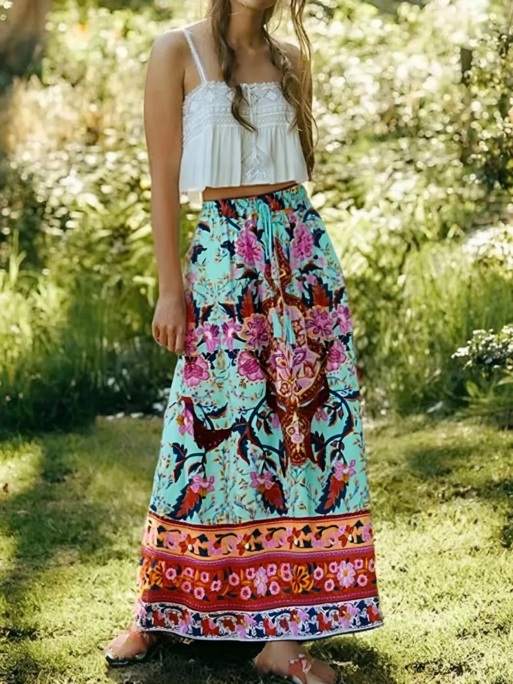 Madozo Women’s Floral Peacock Print Boho Maxi Skirt – Tassel A-Line Beach Skirt