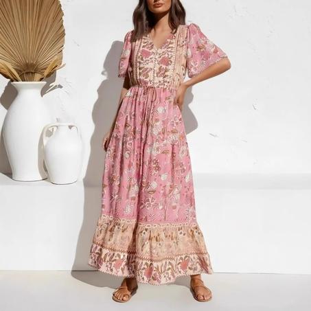 MADOZO Women's Floral Tie Neck Bohemian Maxi Dress - V-Neck Beach Boho Pleated Cotton Rayon Dress (S-L)
