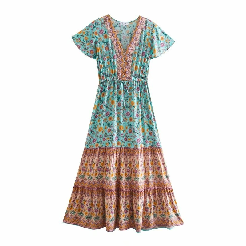 Madozo Women’s Floral Bohemian Maxi Dress – V Neck Pleated Rayon Beach Dress with Tassels