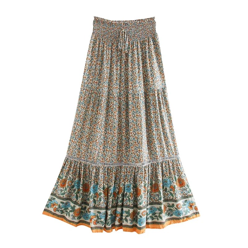 Beige Boho Floral Maxi Skirt for Women – High Elastic Waist & Lace-Up Detail | Summer Beach Skirt – Madozo