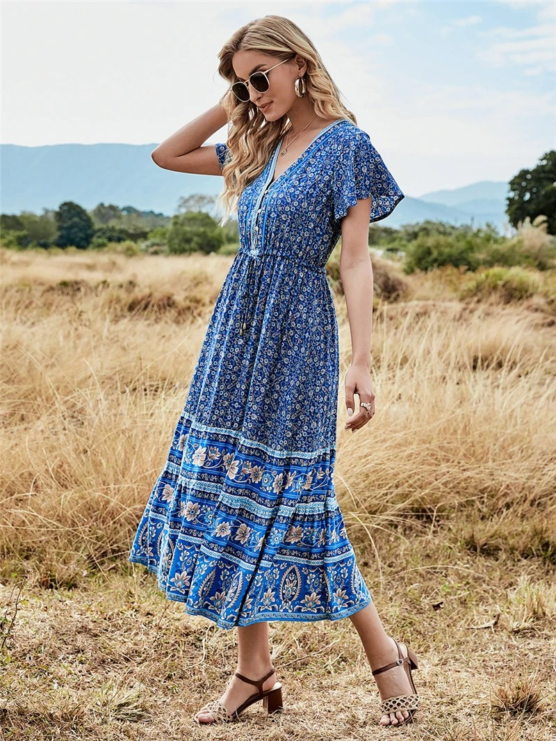 Bohemian Floral Maxi Dress – Deep V-Neck Beach Dress with Tassels | Summer Pleated Boho Vestido