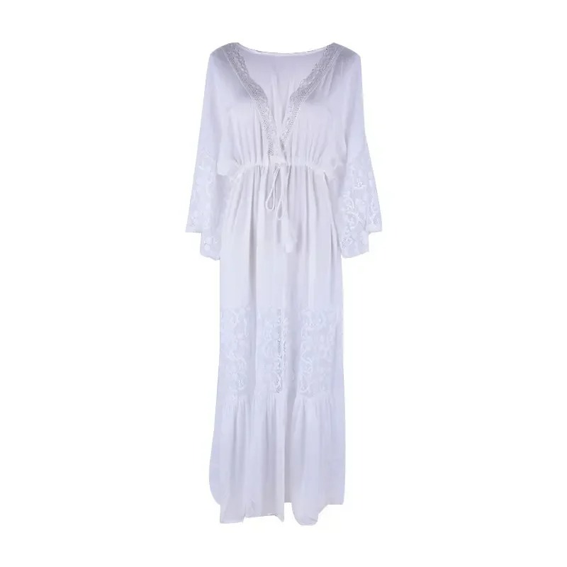 White Lace Boho Maxi Dress – Beach Cover-Up & Summer Dinner Sundress | Madozo