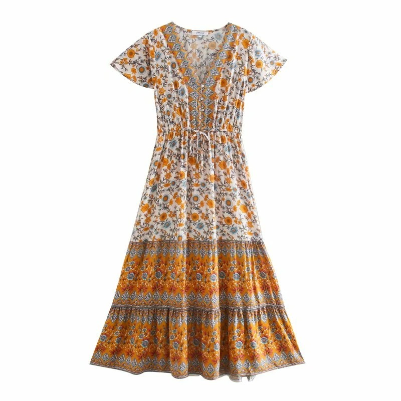 Madozo Women’s Floral Bohemian Maxi Dress – V Neck Pleated Rayon Beach Dress with Tassels