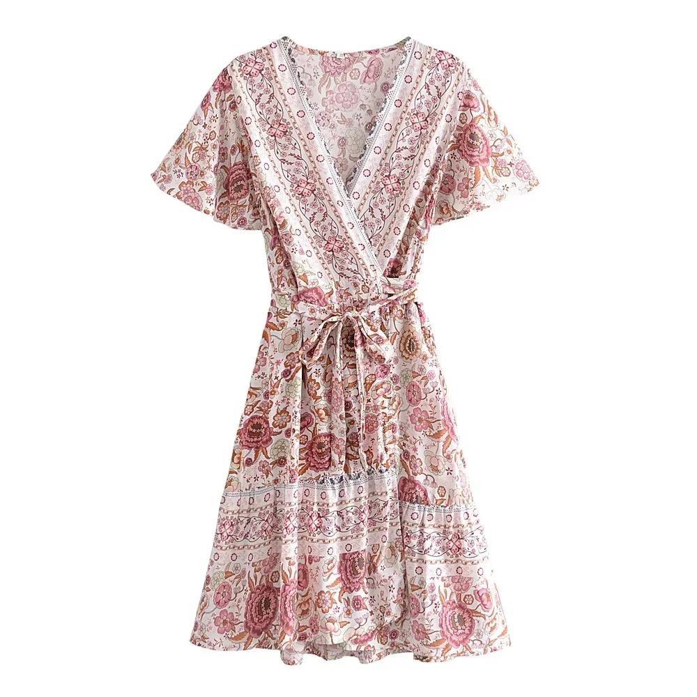 Green Wild Floral Boho Wrap Mini Dress – Deep V-Neck Short Sleeve Rayon Sundress