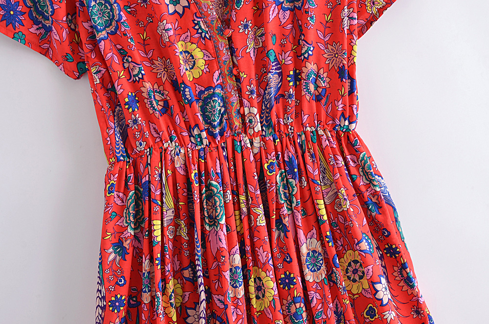 Bohemian Red Peacock Floral Mini Dress – V-Neck Tassel Summer Dress