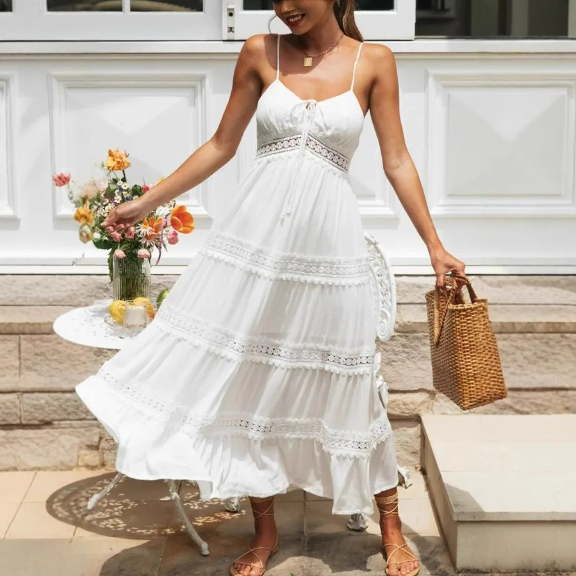 Madozo Women’s White Lace Strapless Boho Maxi Dress – Beach Sleeveless V-Neck Summer Dress