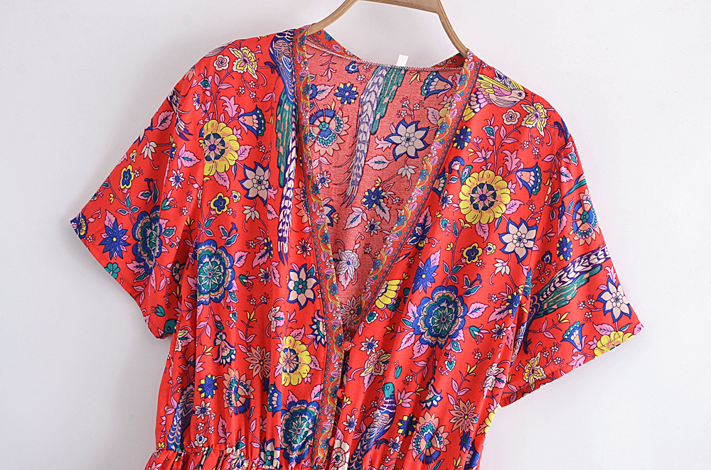 Bohemian Red Peacock Floral Mini Dress – V-Neck Tassel Summer Dress
