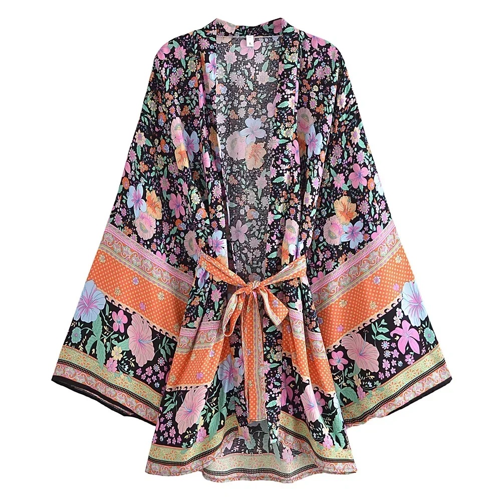 Boho Floral Kimono Cover-Up Dress – V-Neck Bat Sleeve Beach Robe