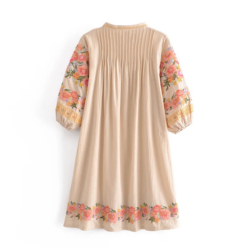 Bohemian Linen Cotton Mini Dress – V-Neck Floral Print Summer Beach Dress for Women