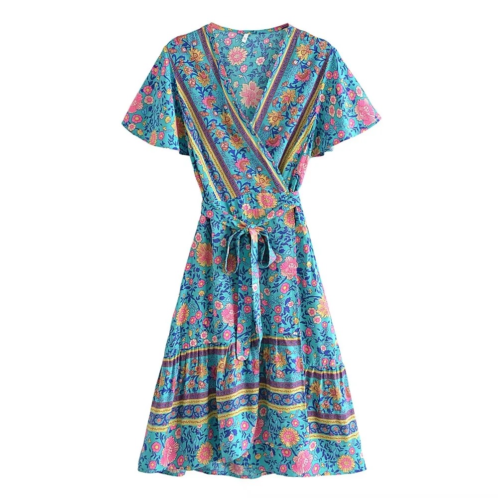 Green Wild Floral Boho Wrap Mini Dress – Deep V-Neck Short Sleeve Rayon Sundress