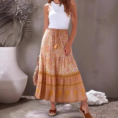 Madozo Women's Peacock Floral Bohemian Maxi Skirt - High Elastic Waist Vintage Boho A-Line Skirt (S-L)