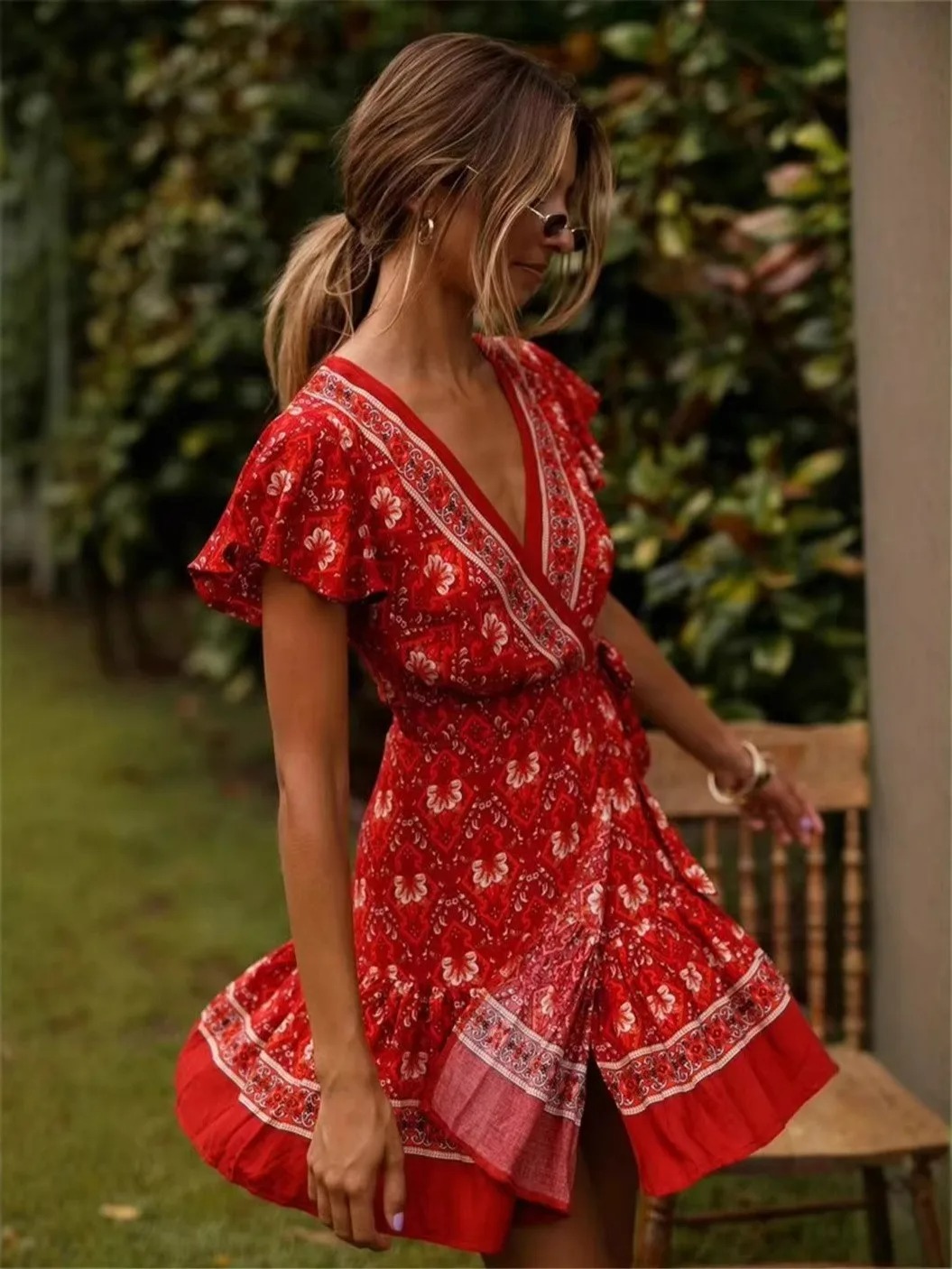 Boho Hippie Floral Wrap Mini Dress – V-Neck Sashes Summer Short Sleeve Dress