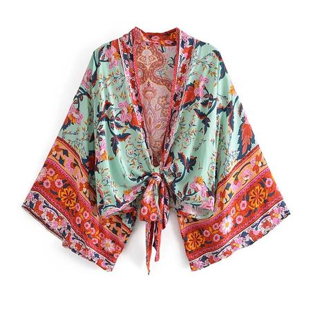 Floral Boho Kimono Cover-Up – V-Neck Batwing Sleeve Beach Robe