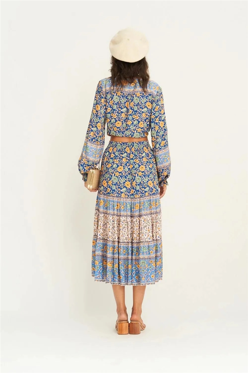 Blue Floral Boho Maxi Skirt – High Waist A-Line Summer Skirt for Women