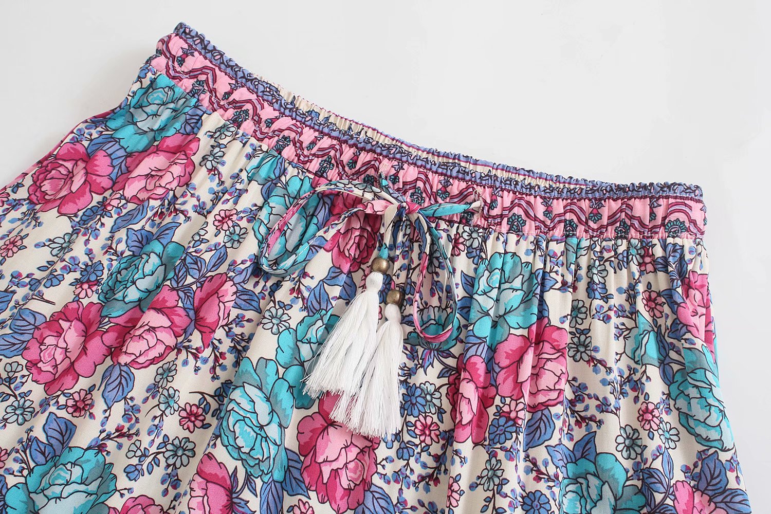 Bohemian Floral Print Long Skirt – Ruffle Hem & Tassel Waist | Hippie Summer Swing Skirt for Women – Madozo