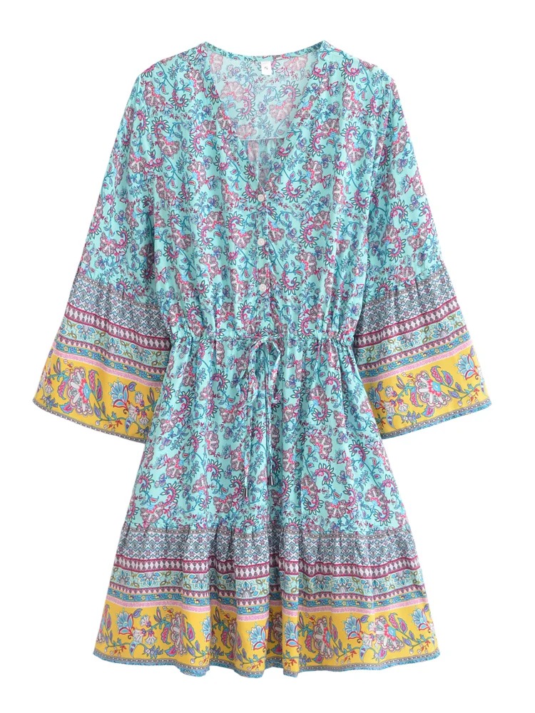 Blue Boho Floral Mini Dress – V-Neck Flare Sleeve Summer Dress for Women