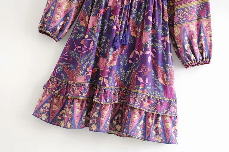 Bohemian Purple Floral Mini Dress – Long Sleeve V-Neck Rayon Sundress