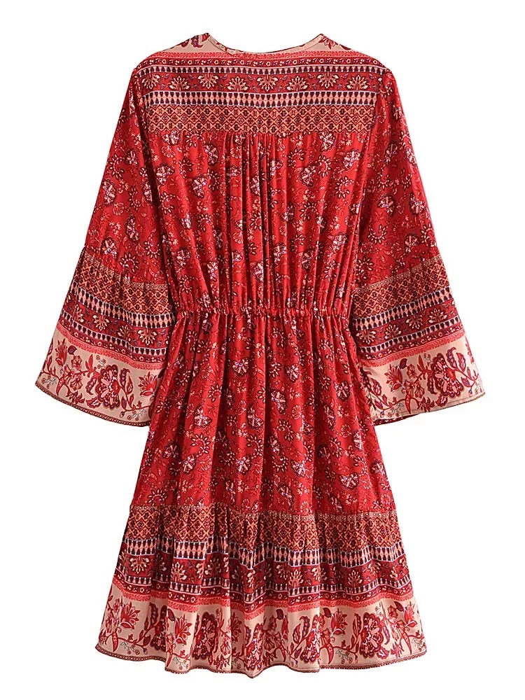 Bohemian Floral Mini Dress – Tassel V-Neck Beach Sundress with Bat Sleeves