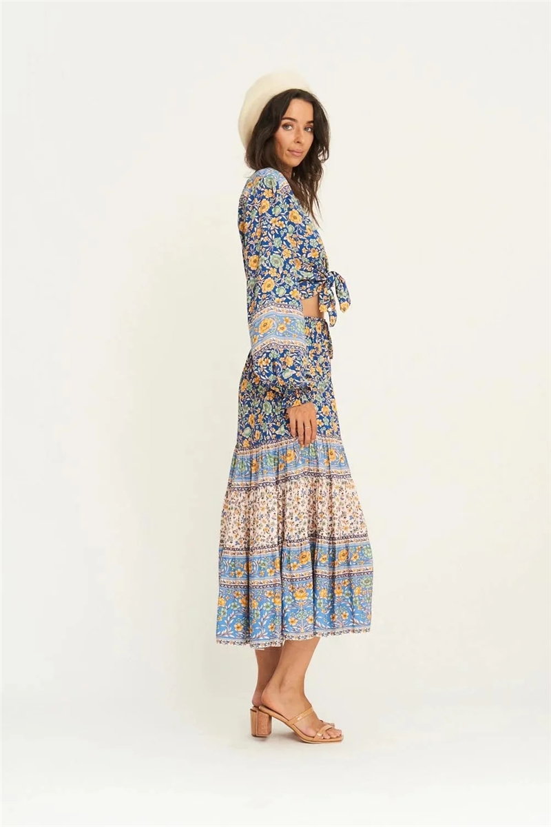 Blue Floral Boho Maxi Skirt – High Waist A-Line Summer Skirt for Women